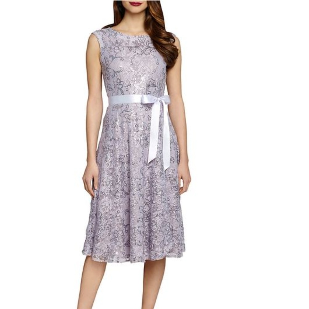 Tahari Lavender Henri Sequined lace a-line dress